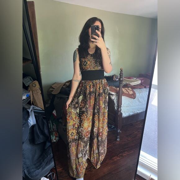 Vintage Pants - Vintage wide leg paisley jumpsuit 60s 70s brown Peter Pan collar S fall RARE